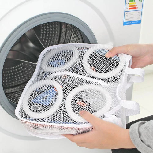 Buuttr mesh sneaker washing bag in white, pink, and blue